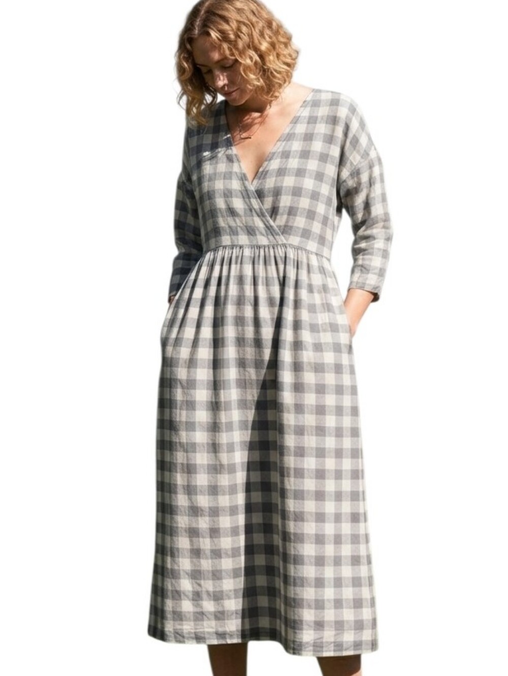 OFFON Clothing Gray Gingham V-Neck Midi Dress Linen Cotton Size M